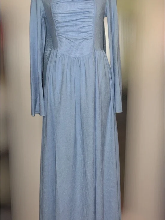 Elegant Light Blue Long Sleeve Maxi Dress - Square Neck - Picture 2 of 3